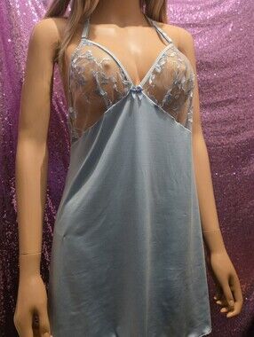 Womens Sheer Lace & Satin Slip Nightdress - Light Blue, Size Large